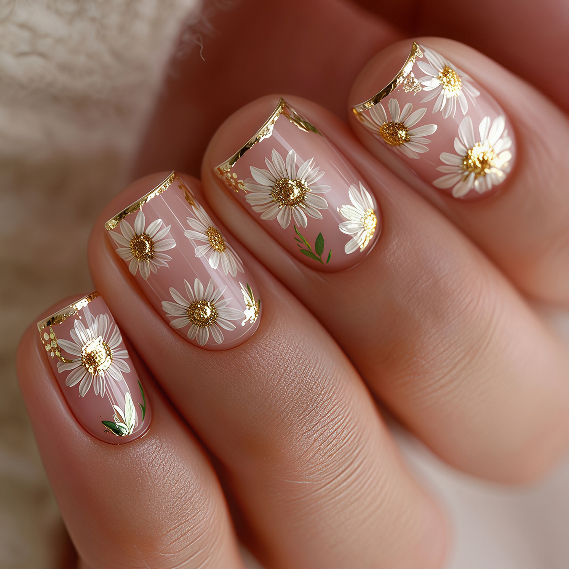 Embroidery Embellishments - Короткие квадратные накладные ногти с золотисто-белыми